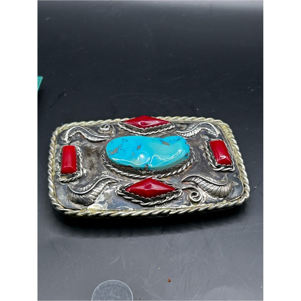 Vintage Silver Belt Buckle With Turquoise Coral And Agate - Picture 3 of 6